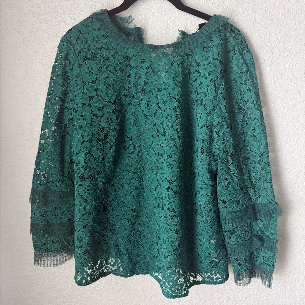 J. Crew Lace top with tulle ruffle Emerald green Size M